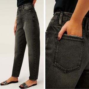 Good American Good Mom Jeans 2/26 black distressed hem high waist straight